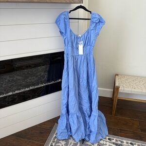 Moon River Blue Puff Sleeve Midi Dress